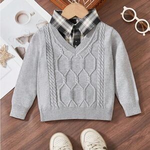 NWT SIZE 18 - 24 MTHS Gray Cable Knit Sweater with Plaid Collar